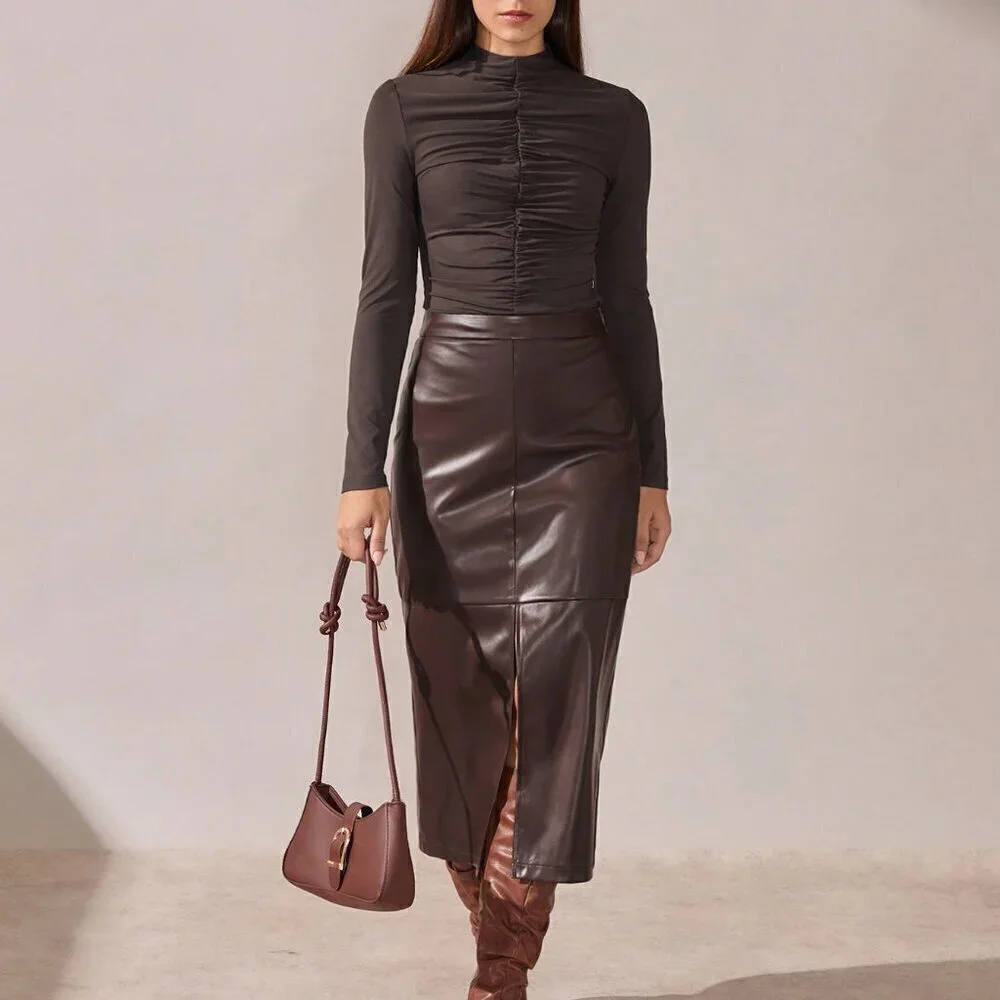 Brown Casual Women's Elegant A-Line Split Hem faux leather Skirt